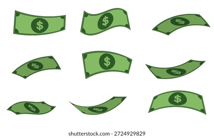 Colección de billetes de dólar verde flotante para conceptos financieros