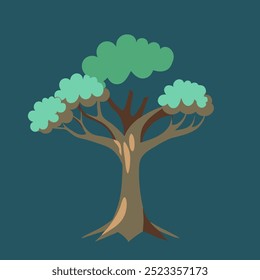 a floating green tree with roots. no ground. no sand. just a floating tree with bare roots coming down all the way to the bottom of the image. paper art and craft style concept.