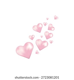 Grupo flotante de corazones 3D de color rosa brillante con acabado satinado metálico y reflejos realistas aislados sobre un fondo transparente para un diseño romántico moderno