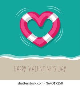 Floating heart shaped life buoy at the beach. EPS 10 vector