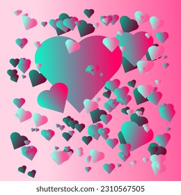 Floating hearts. Background with pink gradient. Green and pink hearts.