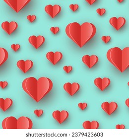 Floating hearts on blue background. Seamless pattern with paper cut decoration. Design for Valentine’s Day. Vector illustration