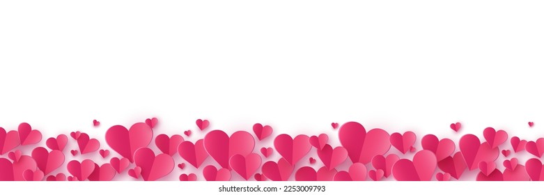 Floating hearts on white background. Paper cut decorations. Design for Valentine’s Day, Mother’s Day and Women’s Day. Banner. Vector illustration