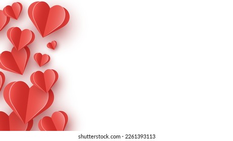 Floating hearts on white background.  Paper cut decoration. Design for Valentine’s Day. Vector illustration
