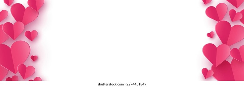 Floating hearts on white background.  Paper cut decoration. Design for Valentine’s Day. Banner. Vector illustration
