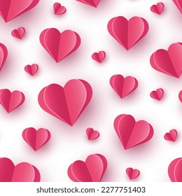 Floating hearts on white background. Seamless pattern with paper cut decoration. Design for Valentine’s Day. Vector illustration
