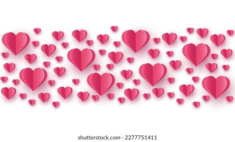 Floating hearts on white background.  Paper cut decoration. Design for Valentine’s Day. Vector illustration
