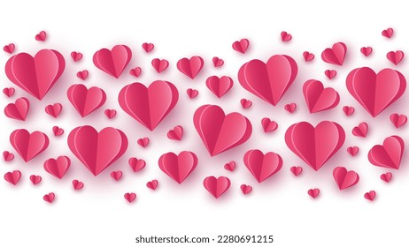 Floating hearts on white background. Paper cut decorations. Design for Valentine’s Day, Mother’s Day and Women’s Day. Vector illustration