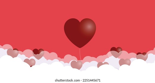 Floating hearts sign ballons above the clouds in a romantic valentine background.