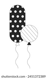 Floating helium balloons for birthday party black and white 2D line cartoon object. Entertainment decor isolated vector outline item. Holiday celebration baloons monochromatic flat spot illustration