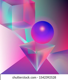 Floating holographic geometric shapes: pyramid, sphere and cube. Surreal geometric composition in vaporwave and synthwave 80s-90s style.