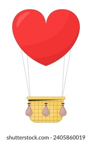 Caricatura lineal 2D del globo aerostático flotante. Festival globando el fondo blanco del elemento vector de línea aislado. Romántico color de la cesta de baloon en forma de corazón, ilustración de manchas planas