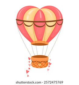 Floating hot air balloon in heart shape cartoon object. Festival air balloon vector element isolated on white background. Romantic hot air balloon in heart shape transport basket colorful flat dot ill