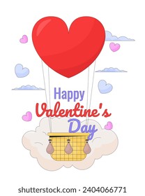 Floating hot air balloon on Valentines day ecard greeting card design. Romantic date colorful flat illustration white background. 14 february 2D cartoon vector image, event special occasion postcard