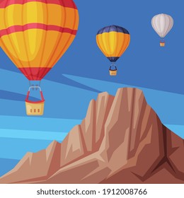 Floating Hot Air Balloons in the Blue Sky with Mountain Peak Beneath Vector Illustration