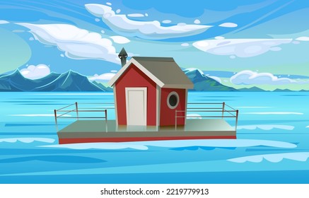 Wohnhaus. Wohnung mit kleinem Hof auf dem Wasser. Vektorgrafik