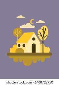 Floating house (night) - flat illustration