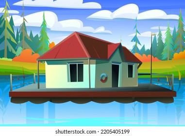 Floating house On bank of lake. Dwelling with small courtyard on water. illustration vector