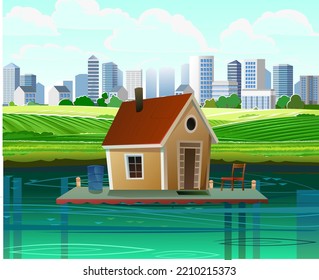 Floating house On horizon is large modern city. Dwelling with small courtyard on water. illustration vector.