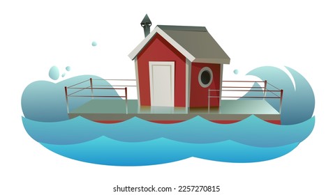 Casa flotante. En las olas. Vivienda con un pequeño patio en el agua. Aislado sobre fondo blanco. vector de ilustración.