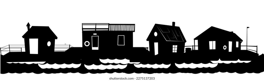 Floating house. Silhouette design. Dwelling with small courtyard on water. Isolated on white background. illustration vector.