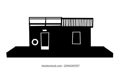 Floating house. Silhouette design. Dwelling with small courtyard on water. Isolated on white background. illustration vector.