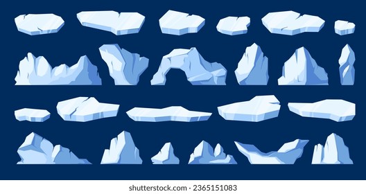 Floating ice. Cartoon frozen glacier and arctic ice mountain pieces, white glacier block with frosty surface and icy corners. Vector isolated set of glacier snow floating illustration