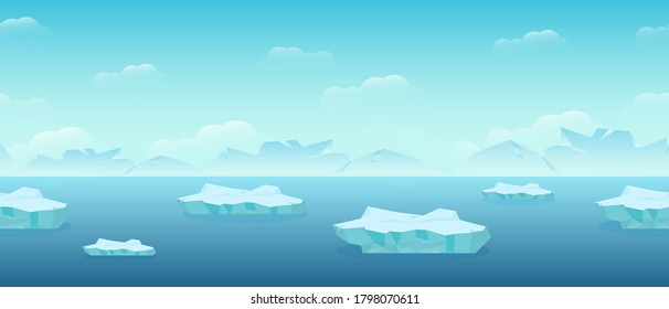 Schwimmende Eisschollen im Meer. Eisblöcke, die von arktischem kalten, komprimiertem Schnee schwimmen, erwärmen das Klima im Norden der Wasserlandschaft riesige weiße Polygon auf blauem Hintergrund, Vektorwasser.