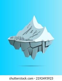 Floating ice mountain landscape. Flying snow mountain island design. Vector Illustration