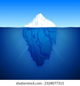 Floating iceberg. Ice frozen mountain landscape. Huge white block of ice drifts along blue current with massive underwater breakaway from northern antarctic coast. Vector illustration.
