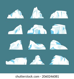 Floating iceberg set. Frozen mountain and icy, frezen liquid and north theme.Set of isolated iceberg or drifting arctic glacier. Design for video games. Arctic. Antarctic.