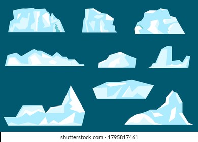 Floating iceberg set. Ice mountain, large piece of freshwater blue ice in open water. Vector flat style cartoon iceberg illustration isolated from background
