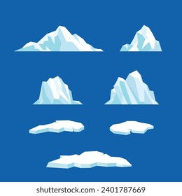 Floating iceberg vector collection, Ice mountain, large piece of freshwater blue ice in open water