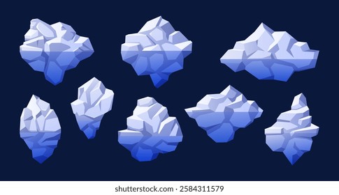 Floating icebergs. Arctic glaciers, frozen icy mountains and blue ice peaks. Cartoon iceberg with underwater part for diagram designs isolated vector illustration set.