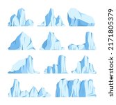 Floating icebergs collection. Drifting arctic glacier, block of frozen ocean water. Icy mountains with snow. Melting ice peak. Antarctic snowy landscape. South and North Pole. Vector illustration.