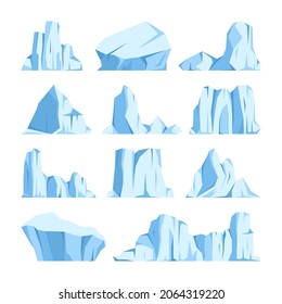 Floating icebergs collection. Drifting arctic glacier, block of frozen ocean water. Icy mountains with snow. Melting ice peak. Antarctic snowy landscape. South and North Pole. Vector illustration.