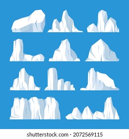 Colección de icebergs flotantes. Glaciar ártico de deriva, bloque de agua congelada del océano. Montañas heladas con nieve. Se derrite el pico de hielo. Paisaje nevado antártico. Polo Sur y Norte. Ilustración vectorial.