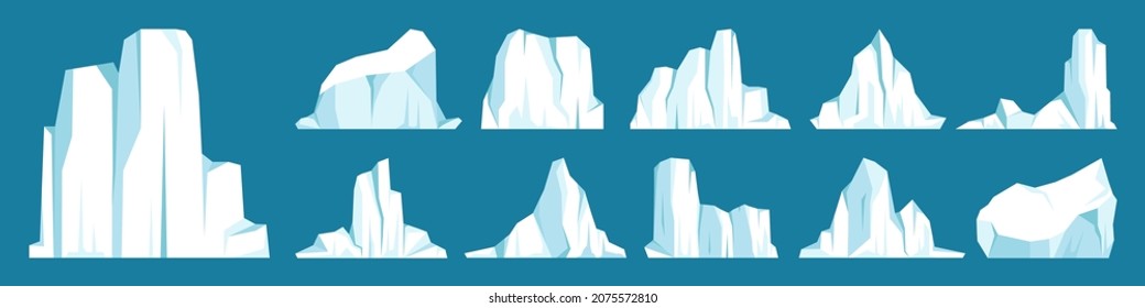 Floating icebergs collection. Drifting arctic glacier, block of frozen ocean water. Icy mountains with snow. Melting ice peak. Antarctic snowy landscape. South and North Pole. Vector illustration.