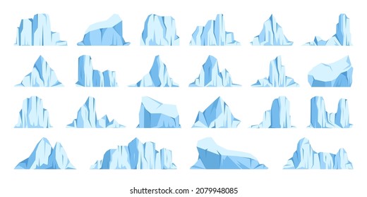 Floating icebergs collection. Drifting arctic glacier, block of frozen ocean water. Icy mountains with snow. Melting ice peak. Antarctic snowy landscape. South and North Pole. Vector illustration.