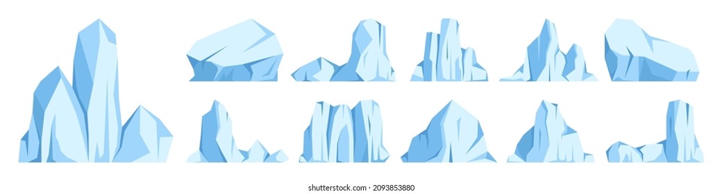 Floating icebergs collection. Drifting arctic glacier, block of frozen ocean water. Icy mountains with snow. Melting ice peak. Antarctic snowy landscape. South and North Pole. Vector illustration.