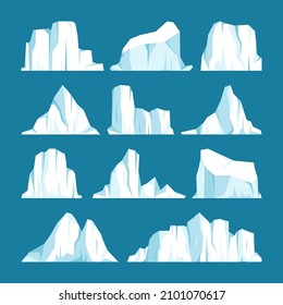 Floating icebergs collection. Drifting arctic glacier, block of frozen ocean water. Icy mountains with snow. Melting ice peak. Antarctic snowy landscape. South and North Pole. Vector illustration.