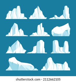 Floating icebergs collection. Drifting arctic glacier, block of frozen ocean water. Icy mountains with snow. Melting ice peak. Antarctic snowy landscape. South and North Pole. Vector illustration.