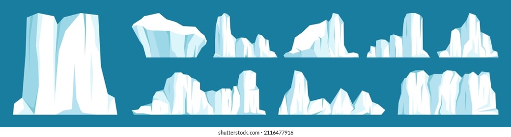 Floating icebergs collection. Drifting arctic glacier, block of frozen ocean water. Icy mountains with snow. Melting ice peak. Antarctic snowy landscape. South and North Pole. Vector illustration.