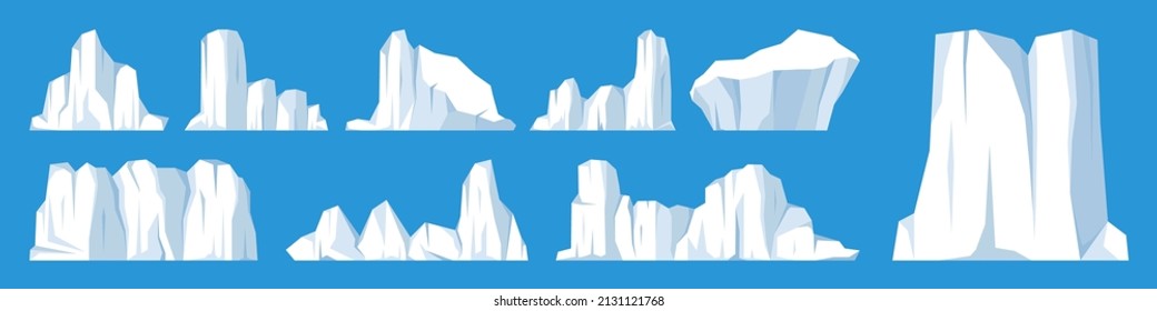 Floating icebergs collection. Drifting arctic glacier, block of frozen ocean water. Icy mountains with snow. Melting ice peak. Antarctic snowy landscape. South and North Pole. Vector illustration.