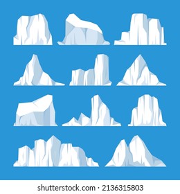 Floating icebergs collection. Drifting arctic glacier, block of frozen ocean water. Icy mountains with snow. Melting ice peak. Antarctic snowy landscape. South and North Pole. Vector illustration.
