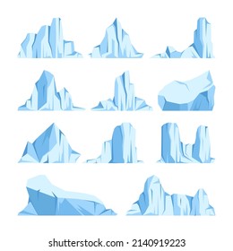 Floating icebergs collection. Drifting arctic glacier, block of frozen ocean water. Icy mountains with snow. Melting ice peak. Antarctic snowy landscape. South and North Pole. Vector illustration.