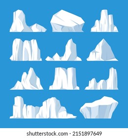 Floating icebergs collection. Drifting arctic glacier, block of frozen ocean water. Icy mountains with snow. Melting ice peak. Antarctic snowy landscape. South and North Pole. Vector illustration.