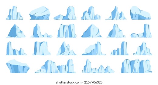 Colección de icebergs flotantes. Glaciar ártico de deriva, bloque de agua congelada del océano. Montañas heladas con nieve. Se derrite el pico de hielo. Paisaje nevado antártico. Polo Sur y Norte. Ilustración vectorial.