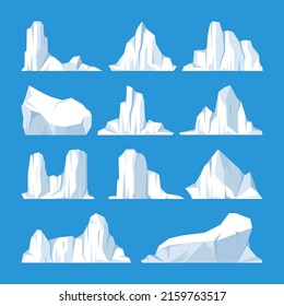 Floating icebergs collection. Drifting arctic glacier, block of frozen ocean water. Icy mountains with snow. Melting ice peak. Antarctic snowy landscape. South and North Pole. Vector illustration.