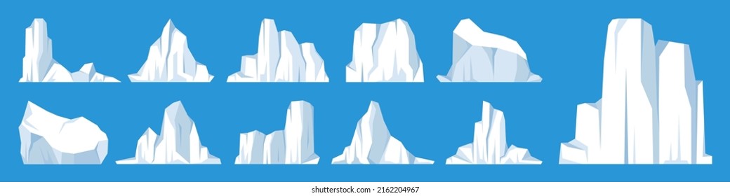 Colección de icebergs flotantes. Glaciar ártico de deriva, bloque de agua congelada del océano. Montañas heladas con nieve. Se derrite el pico de hielo. Paisaje nevado antártico. Polo Sur y Norte. Ilustración vectorial.